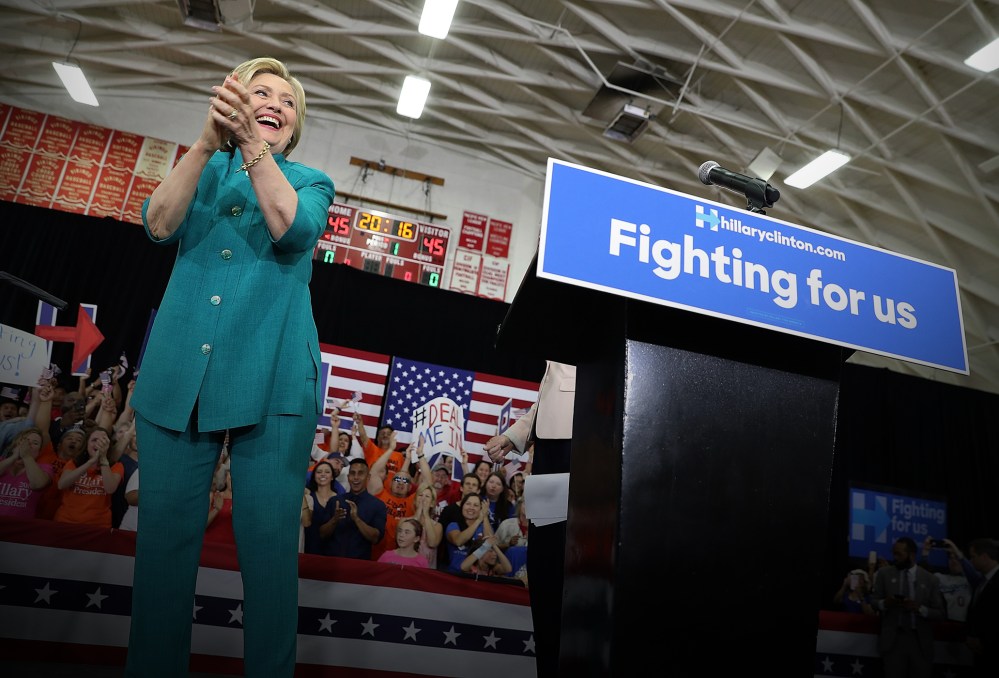 Democratic presidential candidate former Secretary of State Hillary Clinton greets supporters during a campaign rally at Hueneme High School on June 4, 2016 in Oxnard, Calif. (Photo by Justin Sullivan/Getty)