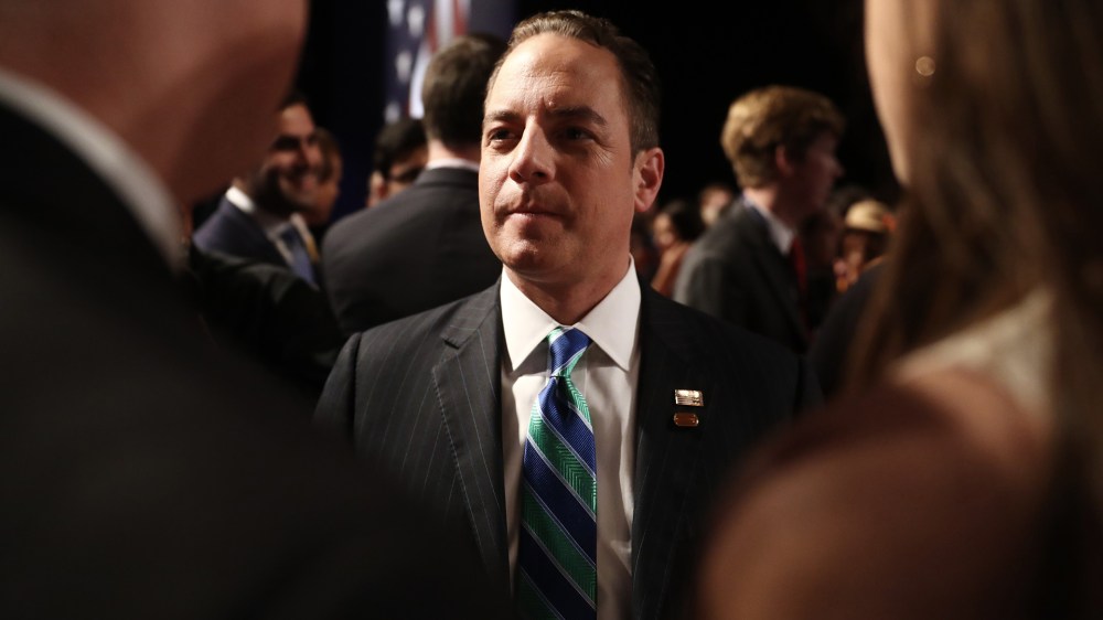 Reince Priebus, chairman of the Republican National Committee, speaks to attendees ahead of the vice presidential debate at Longwood University in Farmville, Va., on Oct. 4, 2016. (Photo by Andrew Harrer/Bloomberg/Getty)