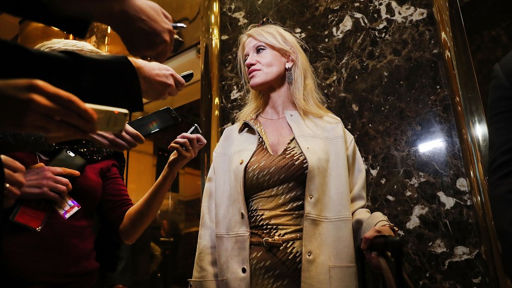 Donald Trump's campaign manager Kellyanne Conway speaks to the media while entering Trump Tower on Nov. 14, 2016 in New York, N.Y. (Photo by Spencer Platt/Getty)