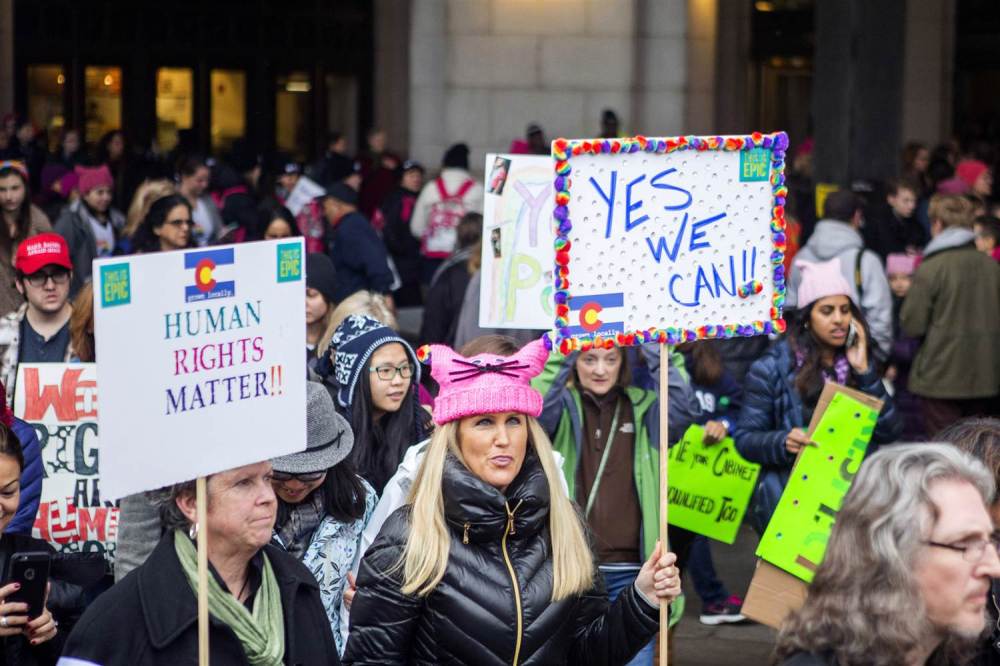 Demonstrators arrive at Union Station for the Women's March on Washington on Jan. 21, 2017, in Washington, DC.