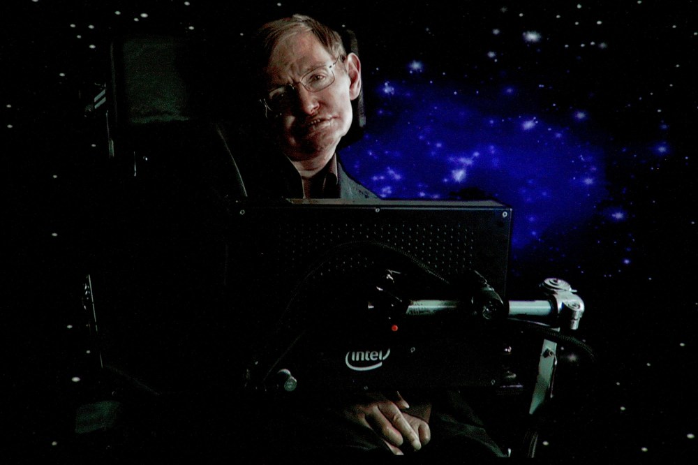 Scientist Stephen Hawking speaks via satellite during an event on Jan. 14, 2010 in Pasadena, Calif. (Photo by Frederick M. Brown/Getty)