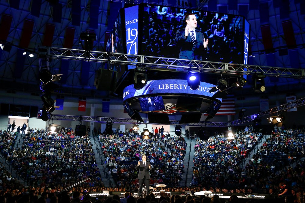 Sen. Ted Cruz, R-Texas announces his campaign for president, March 23, 2015, at Liberty University, founded by the late Rev. Jerry Falwell, in Lynchburg, Va. (Photo by Andrew Harnik/AP)