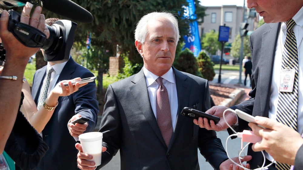 Sen. Bob Corker talks with reporters on July 7, 2016 at the National Republican Senatorial Committee headquarters in Washington, D.C. (Photo by Alex Brandon/AP)