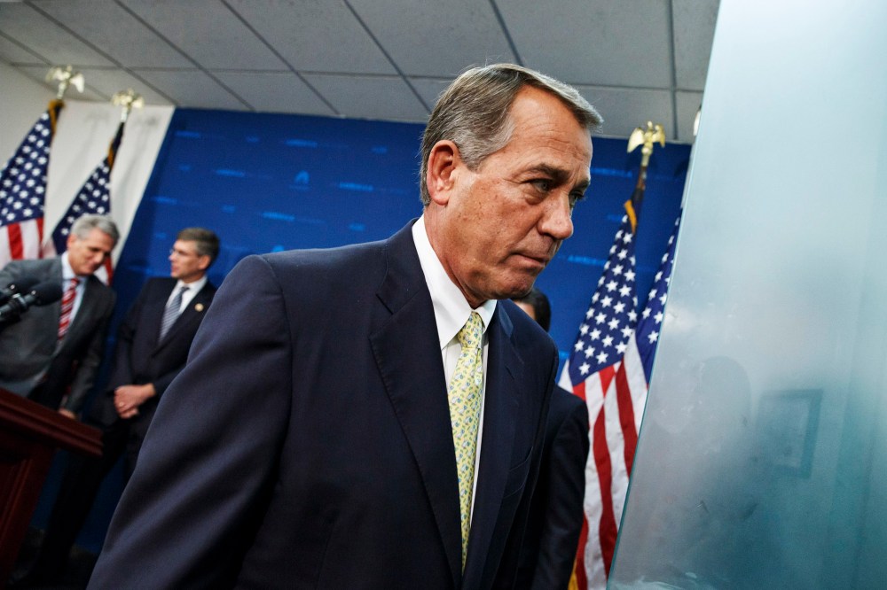 John Boehner and GOP leaders finish a news conference following a Republican strategy meeting at the Capitol in Washington, May 7, 2014.