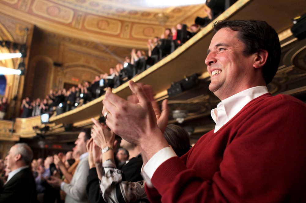 John Dehlin, who runs a Mormon website, applauds after seeing "The Book of Mormon" on Broadway in New York, on March 25, 2011. (Photo by Richard Perry/The New York Times/Redux)