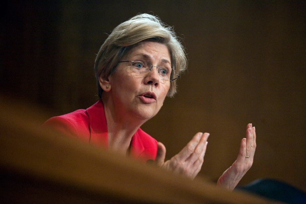 Sen. Elizabeth Warren (D-Mass.) asks questions during a hearing on Capitol Hill.