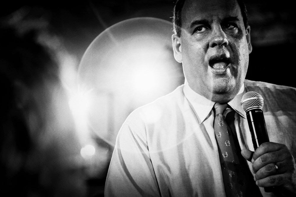 New Jersey Gov. Chris Christie holds a Town Hall meeting in Franklin, N.J. on April 15, 2014. (Photo by Mark Peterson/Redux)