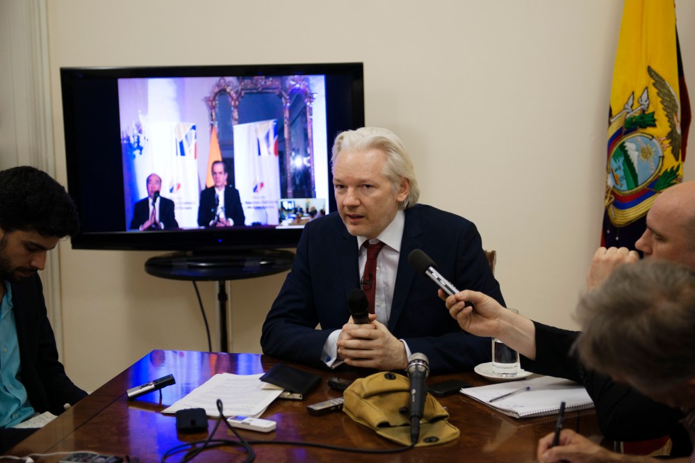 Julian Assange hosts press conference at the Ecuadorian Embassy in London