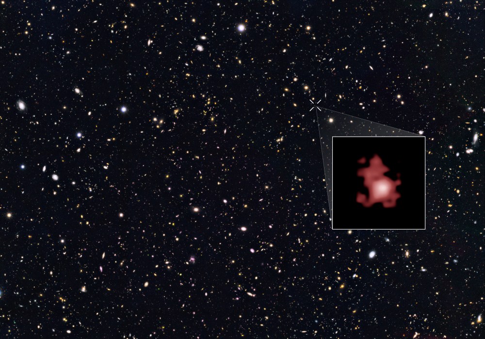 This image shows the position of the most distant galaxy discovered so far within a deep sky Hubble Space Telescope survey called GOODS North (Great Observatories Origins Deep Survey North).