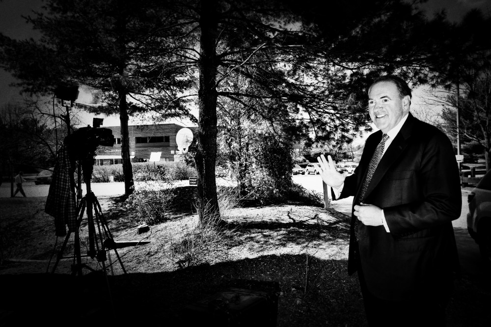 Mike Huckabee does a TV interview outside of the #FITN Republican Leadership Summit in Nashua, N.H., April 18, 2015. (Photo by Mark Peterson/Redux for MSNBC)