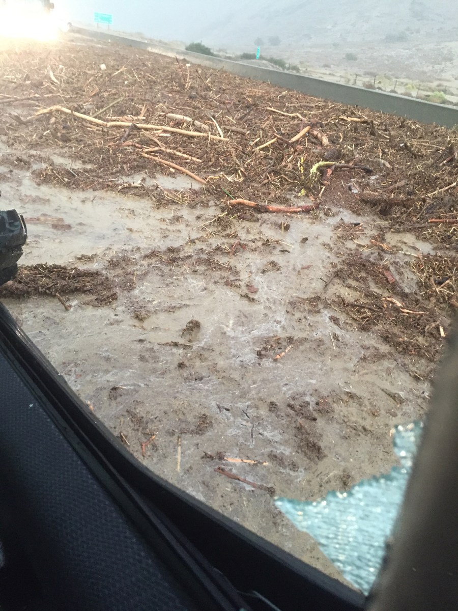 Heavy rains touched off flooding and mudslides in foothill communities north of Los Angeles, swamping cars and prompting major road closures. (Courtesy of Kayla Chamness)