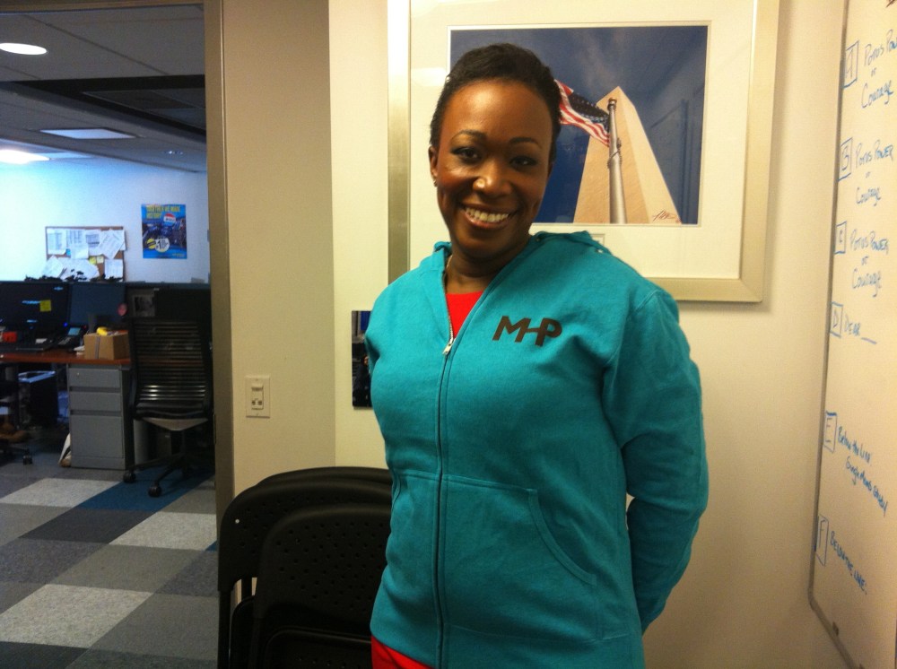 theGrio managing editor Joy Reid sports her new "MHP" hoodie after completing her first weekend guest-hosting "Melissa Harris-Perry." (msnbc/Jamil Smith)