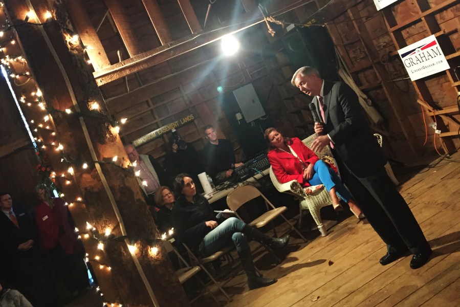 Presidential candidate Sen. Lindsey Graham speaks at one of Sen. Scott Brown's “No BS Backyard BBQs.” (Photo by Kailani Koenig)