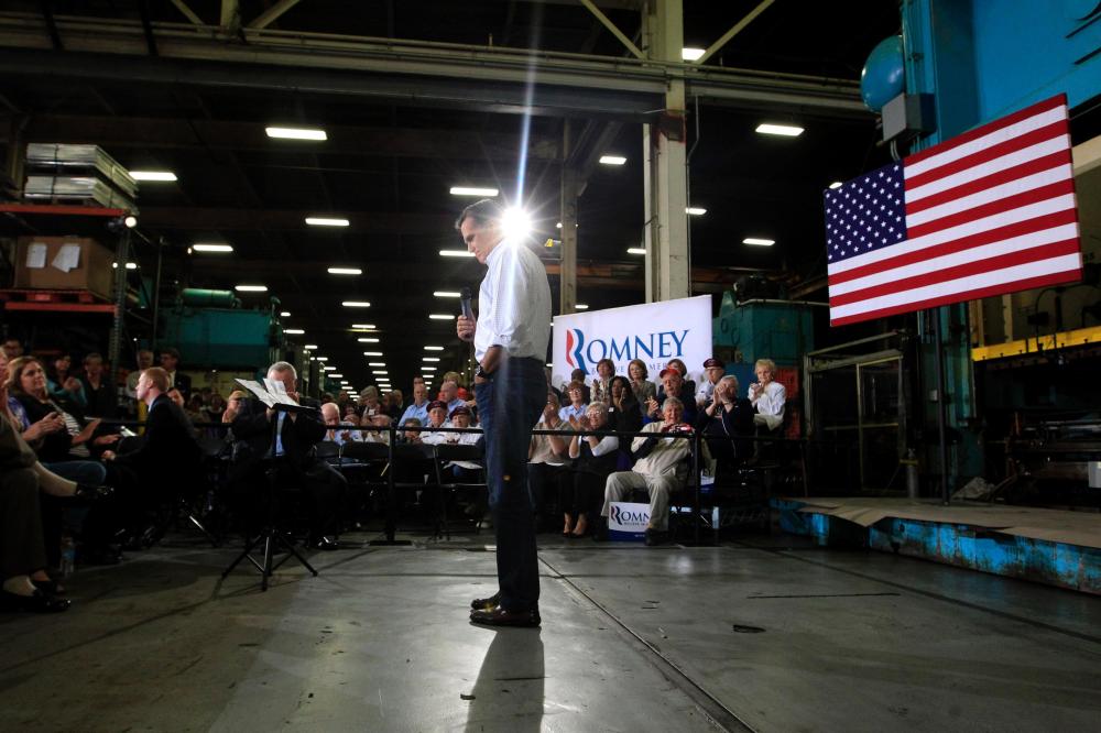 Mitt Romney speaks at a town hall-style meeting in Euclid, Ohio, Monday, May 7, 2012.