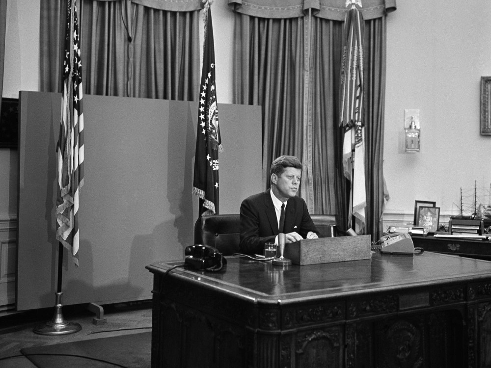 President John F. Kennedy is shown as he started his radio-television address to the nation on civil rights, June 11, 1963 in Washington. (Photo by Charles Gorry/AP)