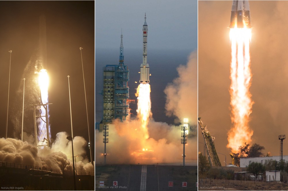 A composite image of three launches: Antares (Oct. 17, 2016), Shenzhou 11 (Oct. 17, 2016), Soyuz (Oct. 19, 2016)