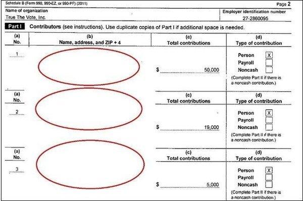 True the Vote's 2011 tax returns: The group wouldn't say who made these contributions.