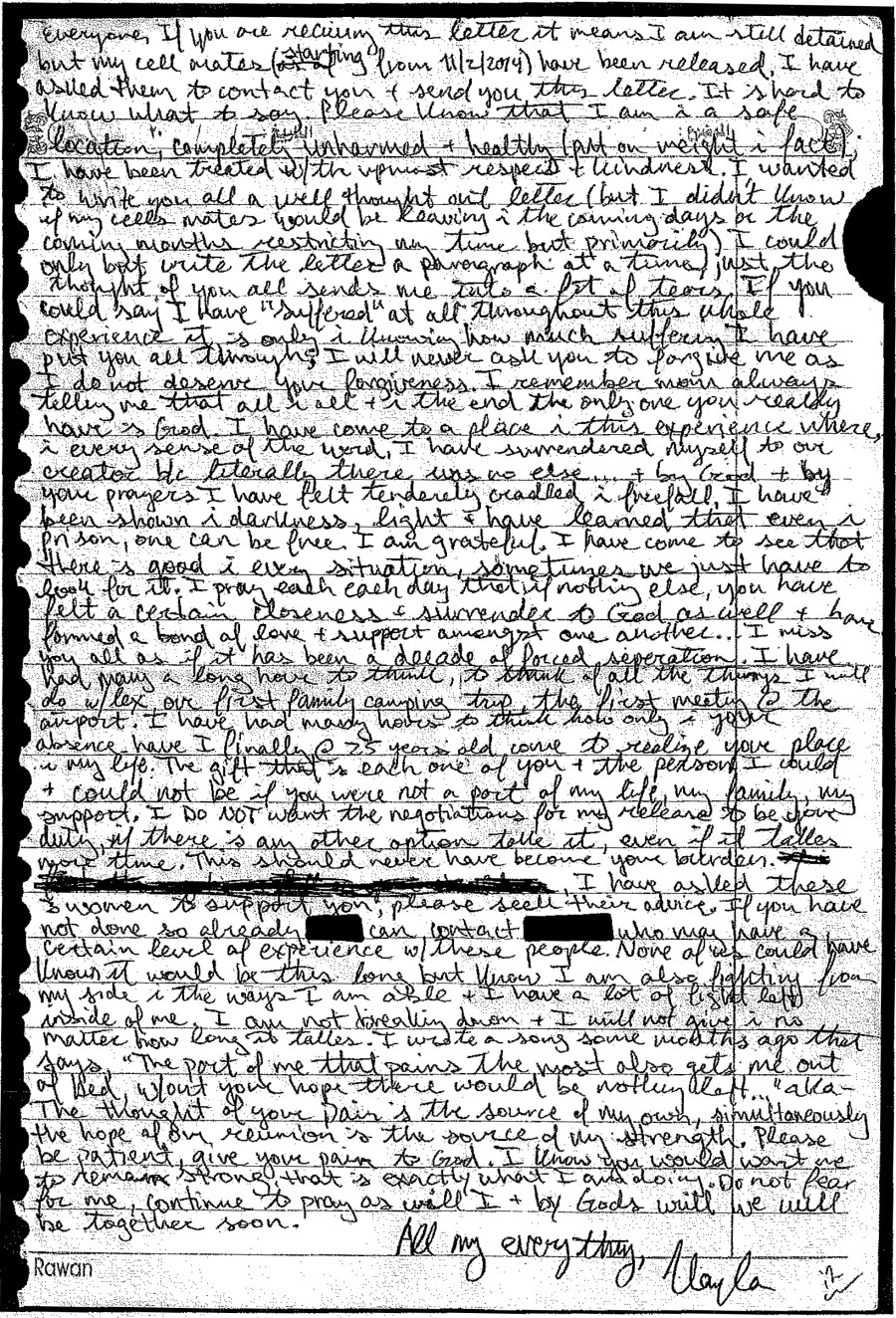 The copy of an unpublished letter Kayla wrote to her loved ones in the Spring of 2014, while in captivity is seen after being released by Kayla Mueller's family.