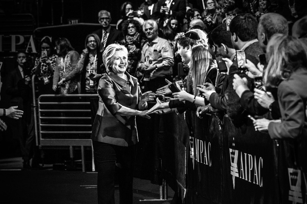 Democratic presidential candidate Hillary Clinton greets the crowd before delivering remarks at the American Israel Political Action Committee Policy Conference in Washington, D.C., on March 21, 2016. (Photo by Mark Peterson/Redux for MSNBC)