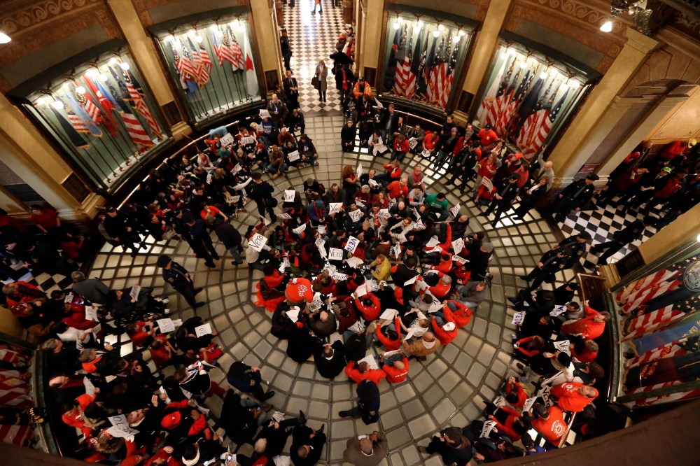 After drawing huge protests to the Capitol this week as they pushed controversial right-to-work legislation , Michigan Republican Lawmakers wrapped up their legislative session by making it harder to recall lawmakers (AP Photo/Paul Sancya)