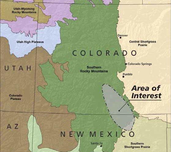 The circled area of interest represents the 3,000,000 acres studied by the Interior Department for the Sangre de Cristo Conservation Area.