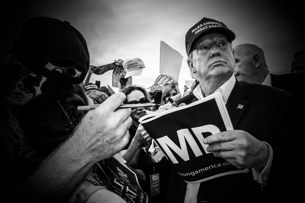 Republican presidential candidate Donald Trump is seen at his "Make America's Military Great Again" rally, which was held aboard the retired USS Iowa battleship, in Los Angeles, Calif., on Sept. 15, 2015. (Photo by Mark Peterson/Redux for MSNBC)