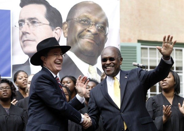 Fake conservative Stephen Colbert and real conservative Herman Cain team up in Charleston, South Carolina