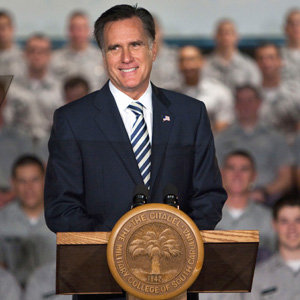 Mitt Romney speaking at the Citadel campus in Charleston, South Carolina on Friday.