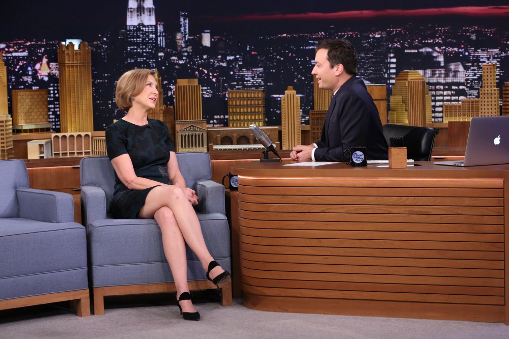 Politician Carly Fiorina speaks with host Jimmy Fallon on the set of the Tonight Show, Sept. 21, 2015. (Photo by Douglas Gorenstein/NBC)