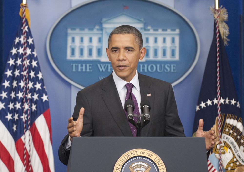 President Obama takes questions from the White House press corps today. He last did that March 6. (Rex Features via AP Images)