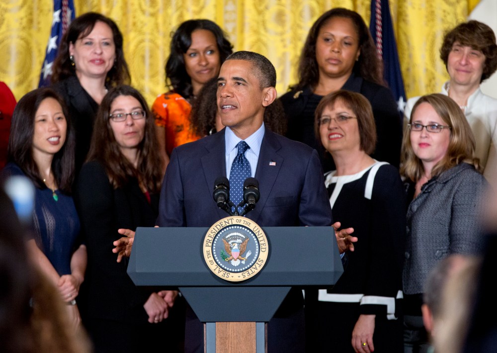 President Barack Obama speaks in the East Room of the White House in Washington, Monday, June 10, 2013, during a ceremony to commemorate the 50th anniversary of the Equal Pay Act. Obama highlighted the gap in pay that still exists between men and women...