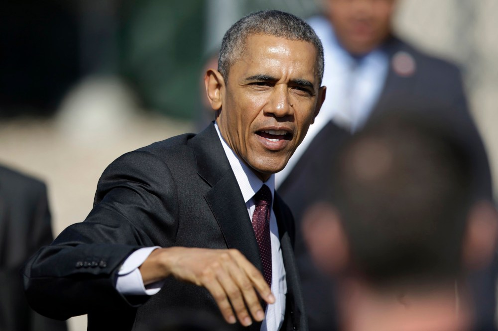 President Barack Obama leaves after speaking about clean-energy jobs, on April 3, 2015, at Hill Air Force Base, Utah. (Photo by Rick Bowmer/AP)