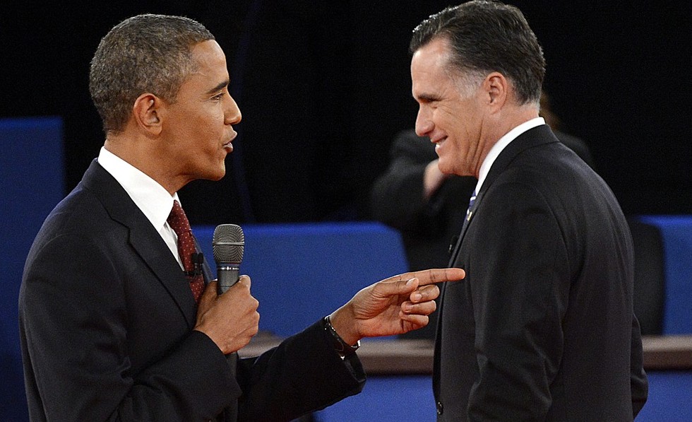 President Barack Obama and Republican presidential candidate Mitt Romney at the second presidential debate on Oct. 16 at Hofstra University in Hempstead, N.Y. (Photo: Michael Reynolds/AFP/Getty Images)