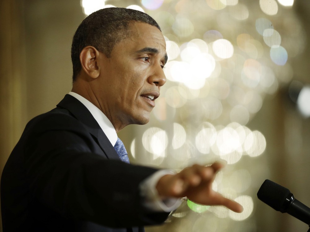 President Barack Obama gestures as he answers questions from members of the media during a news conference in the East Room of the White House in Washington, Monday, Jan. 14, 2013. (Photo by Pablo Martinez Monsivais/AP Photo)
