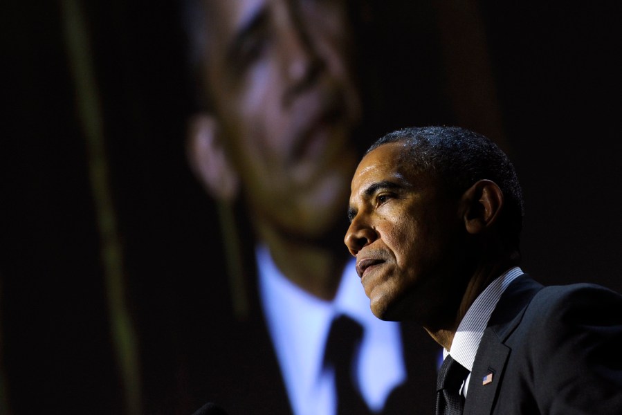 President Barack Obama speaks at the USC Shoah Foundation'­s 20th anniversary Ambassadors for Humanity gala in Los Angeles, May 7, 2014.