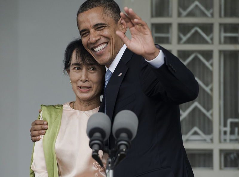 President Barack Obama and Myanmar pro-democracy leader Aung San Suu Kyi speak to the media during a brief joint press conference at her residence in Yangon, on November 19. (Photo by Nicolas Asfouri/AFP - Getty Images)