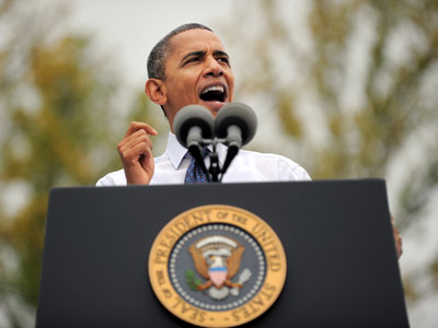 President Obama speaking at a campaign rally Friday in Fairfax, Virginia. (Jewel Samad/Getty Images)