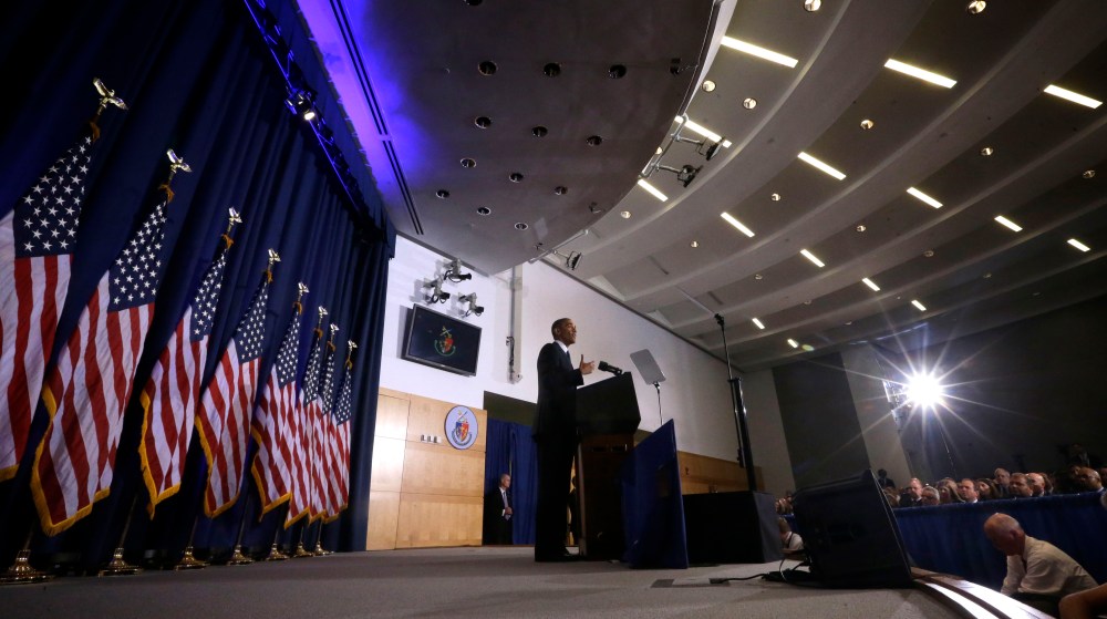President Barack Obama talks about national security, Thursday, May 23, 2013, at the National Defense University at Fort McNair in Washington. Declaring America at a "crossroads" in the fight against terrorism, the president revealed clearer guidelines...