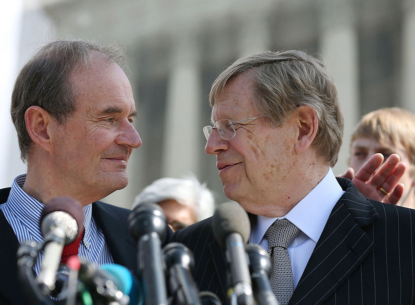 Plaintiff attorneys David Boies (L) and Ted Olson talk to the media after oral arguments at the U.S. Supreme Court, on March 26, 2013 in Washington, DC. Today the high court heard arguments in California's Proposition 8, the controversial ballot...
