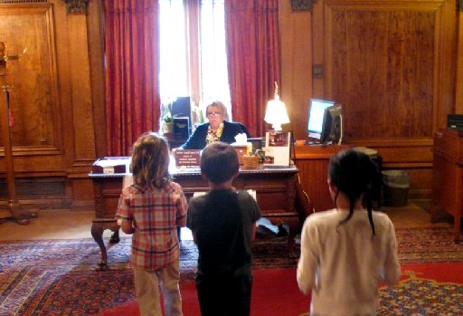 Children deliver letters written by Philadelphia public school students to the office of Gov. Tom Corbett as part of an effort organized by education groups to secure enough state aid to head off nearly 3,800 layoffs in the state's largest school...