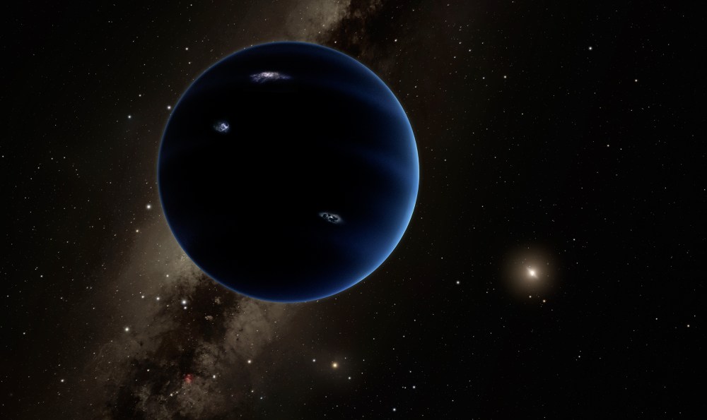 This artistic rendering shows the distant view from Planet Nine back towards the sun. The planet is thought to be gaseous, similar to Uranus and Neptune. Hypothetical lightning lights up the night side.
