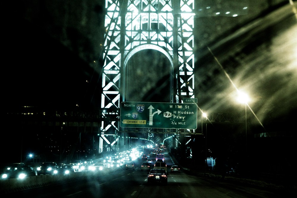 A night scene of the George Washington Bridge.