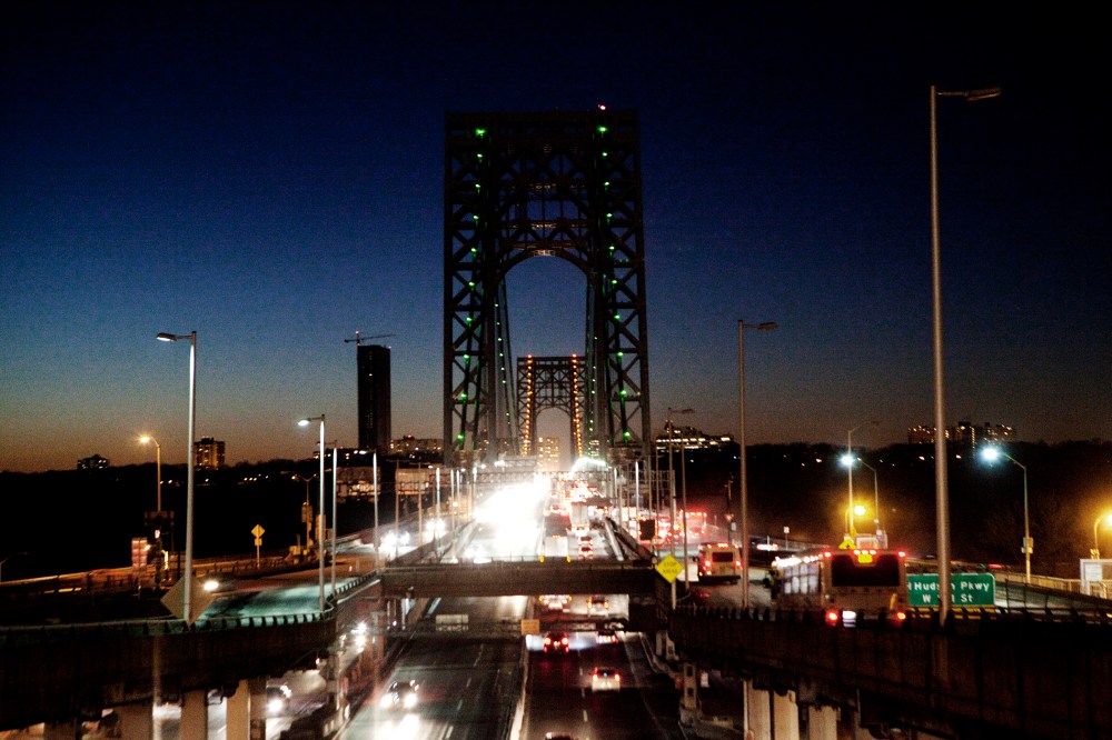 A night scene of the George Washington Bridge.