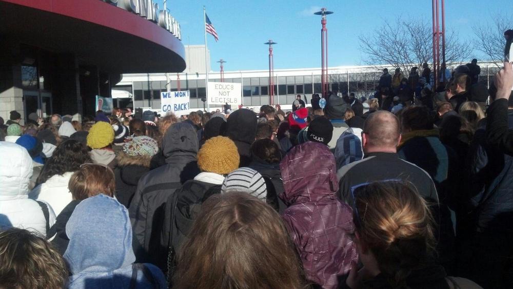 Demonstrators gather in Fargo, North Dakota, Monday to protest the anti-abortion bills passed by the legislature this session and to urge Gov. Jack Dalrymple to veto them.