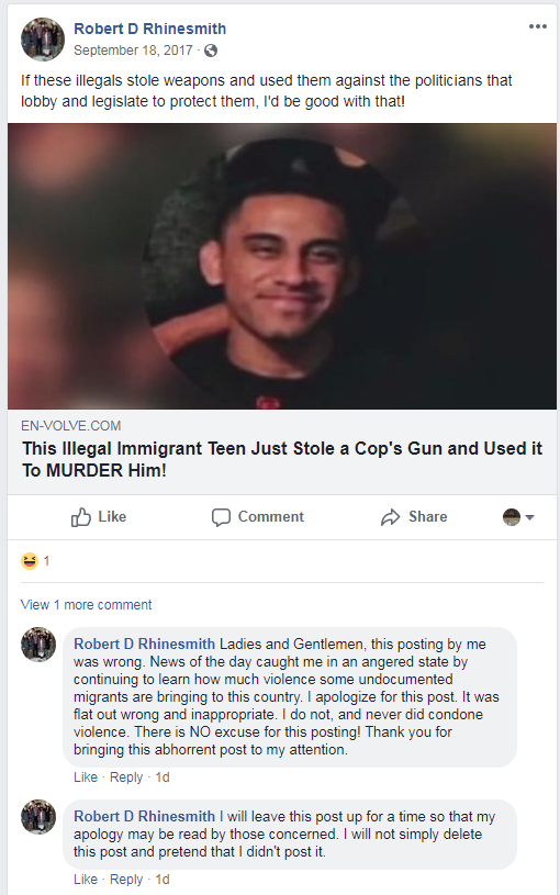 A Facebook post from Robert Rhinesmith, campaign chief of staff for Democratic congressional candidate, state Rep. Robert Williams.