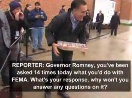 Watch the video, below, to see reporters shouting the FEMA questions at Romney.