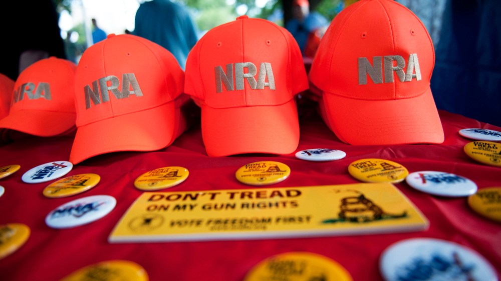 National Rifle Association (NRA) items are displayed at the NRA booth on the grounds of the Iowa straw poll in Ames, Iowa, August 13, 2011.