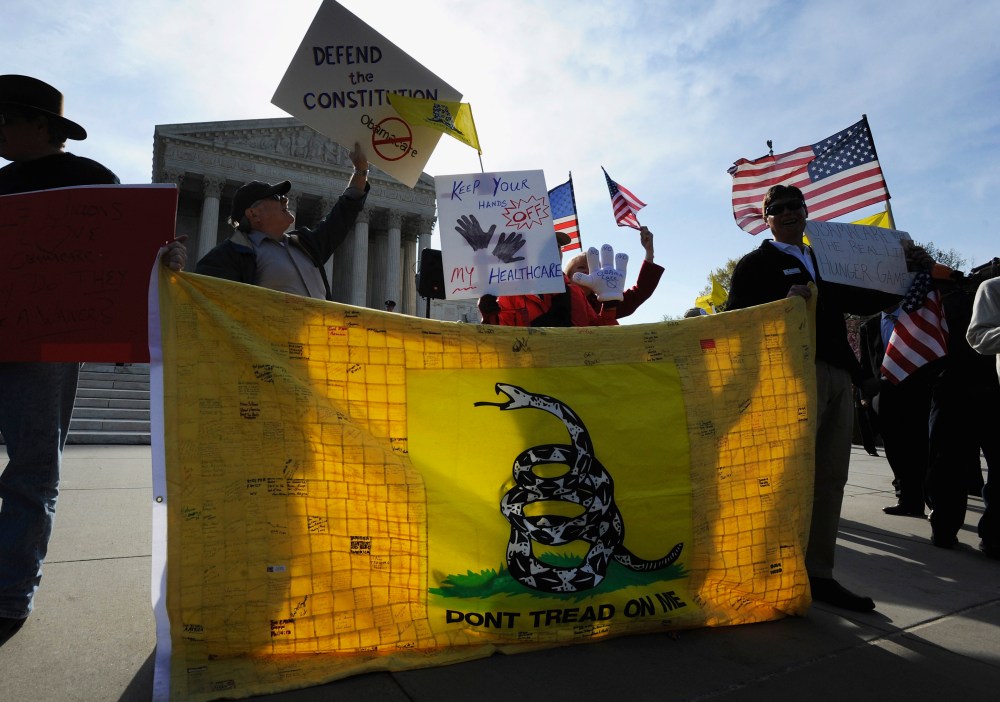 Tea Party supporters rally against Obama healthcare legislation during the third and final day of legal arguments over the Patient Protection and Affordable Care Act in Washington