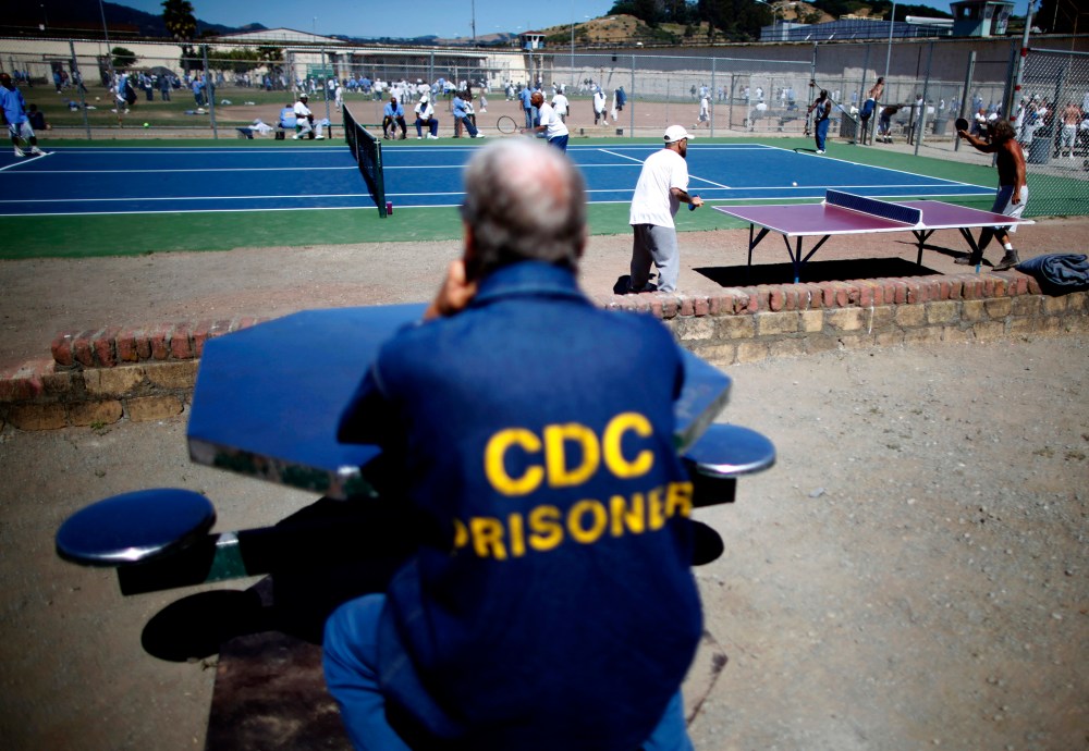 Inmates in the exercise yard at San Quentin state prison, June 8, 2012, in San Quentin, Calif.