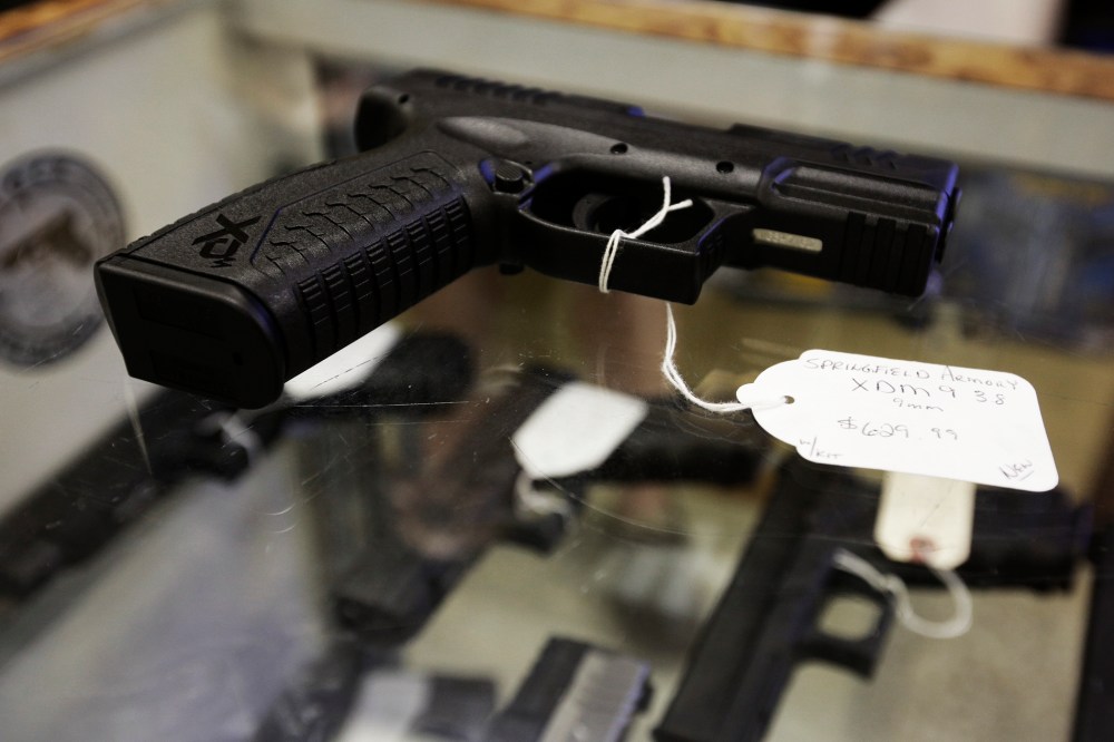 A hand gun is seen at The Shooter Shop in West Allis, Wisconsin